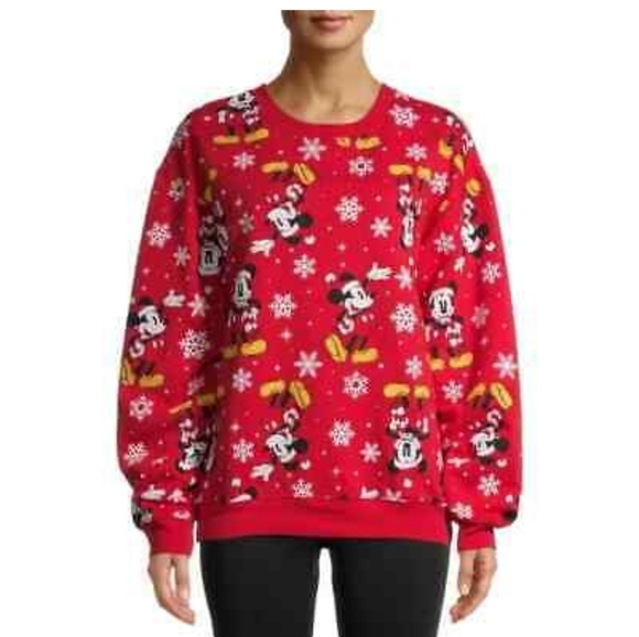 Disney Sweatshirt Women Red Sz L  Mickey Mouse Novelty Snokflakes Print Exellent - Picture 1 of 9